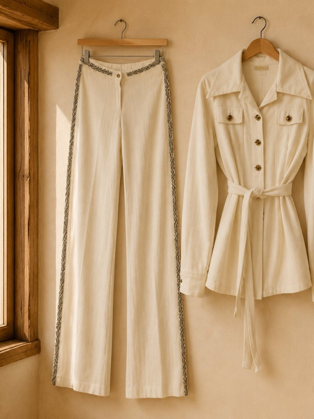 One Owner Vintage 60s/70s Casual Gal Ivory Jacket Wide Leg Pants Set